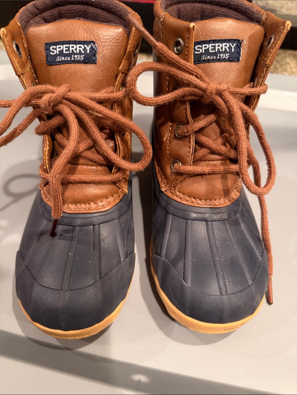 Sperry Port Boot Brown Leather & Navy Rubber Kids Duck Boots
